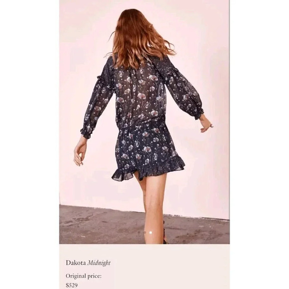 Ulla Johnson Dakota Mini Dress Women Size 4 Navy Silk Midnight Ruffle Neck Tie - Picture 3 of 16